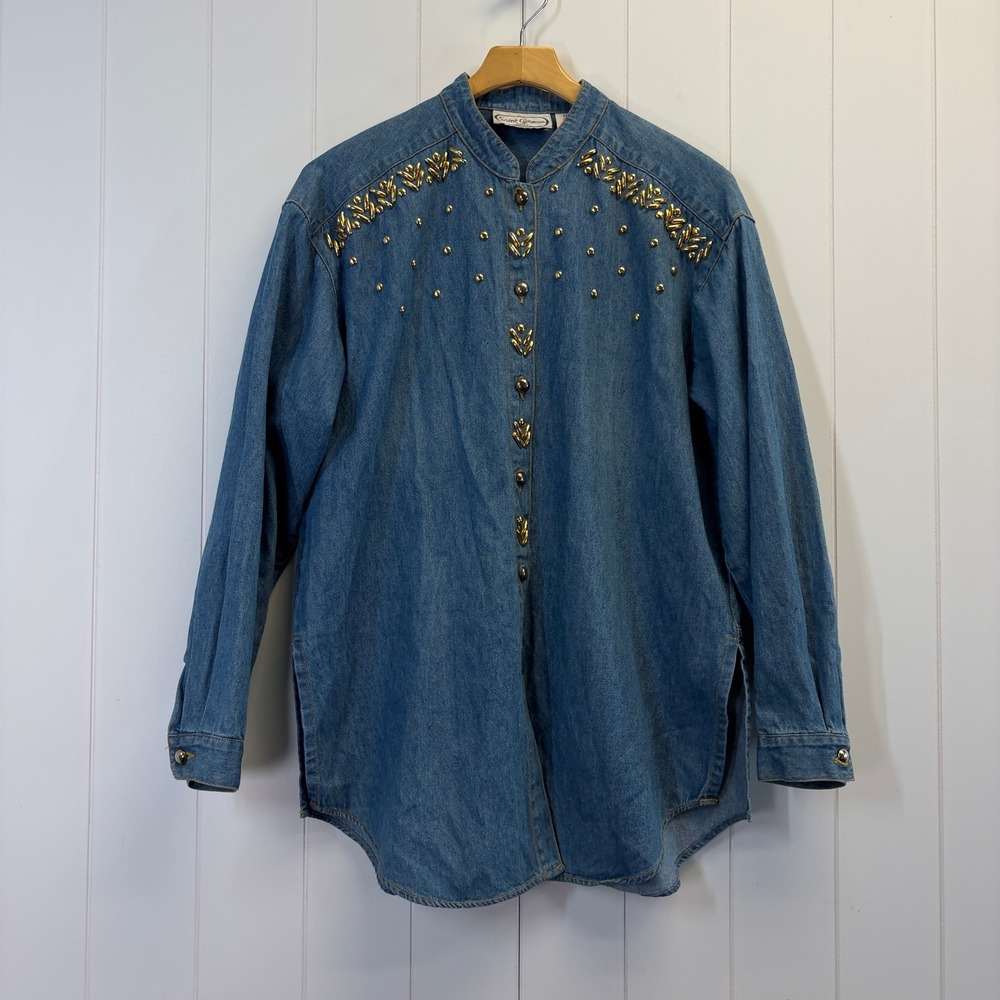 Vintage Saint Germain Western Embellished Denim Top Women Size S Coastal Grandma